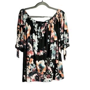 Pink Blush Maternity Black Floral Off Shoulder Top Slit Sleeves Size Medium